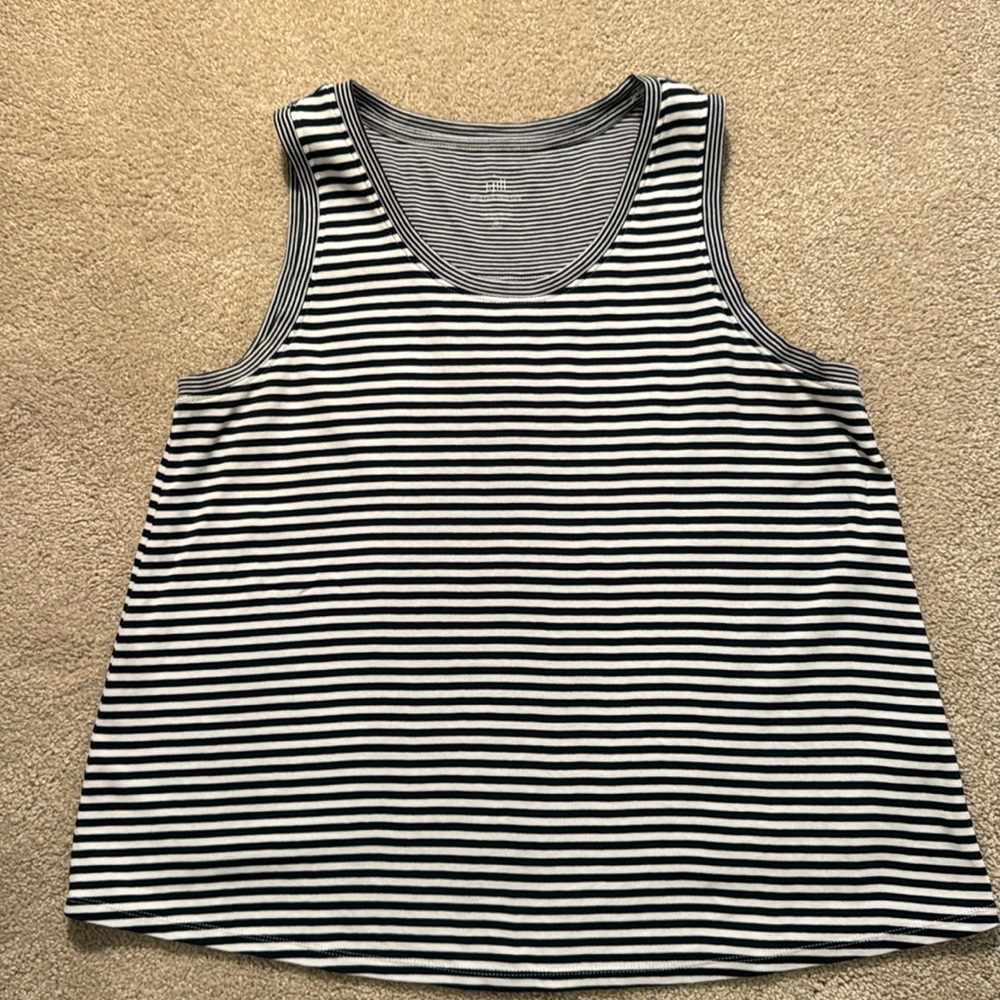J. Jill Navy and Crème Stripe Pima Back Pleat Tank Top size Medium Petite
